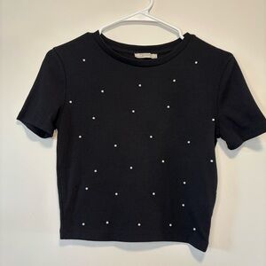 Zara Trafaluc Women’s Black Cropped T-Shirt Top w/ Faux Pearls Size Small